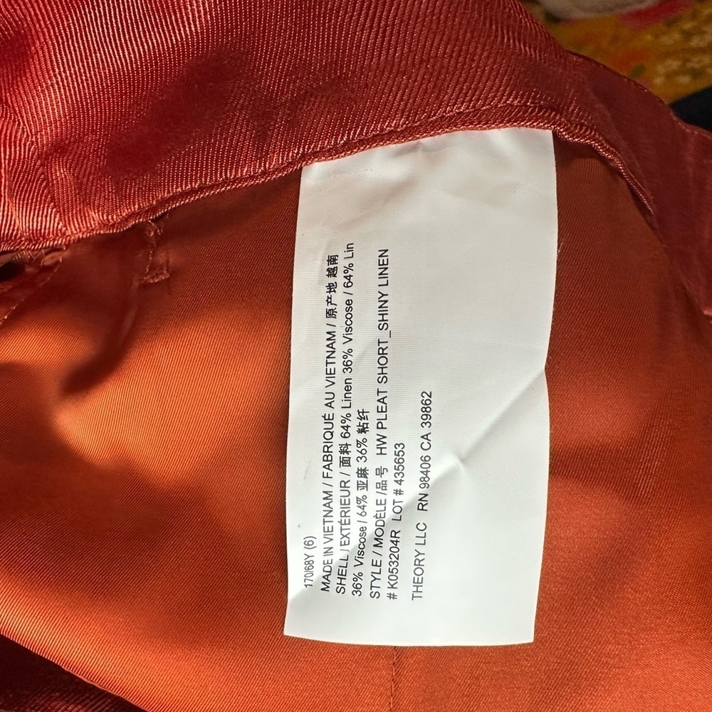 Theory High Waist Linen Blend Pleated Burnt Orange Shorts - Picture 2 of 12